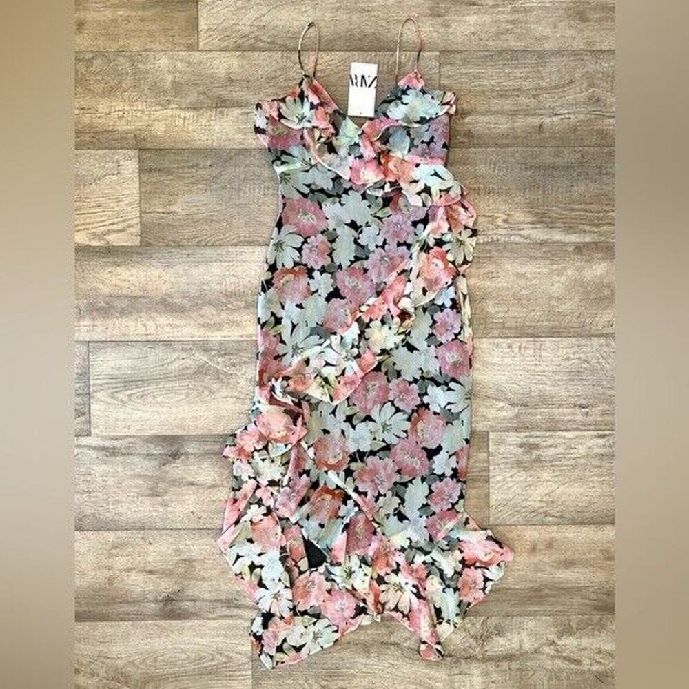 Zara NWT Floral Ruffle Asymmetrical High Low Strappy Midi Dress M - Picture 15 of 16